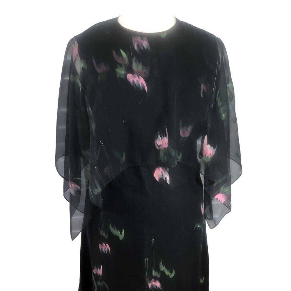 Vtg 80s Black Chiffon Floral Floor Length Dress L Pink Flowers Shawl